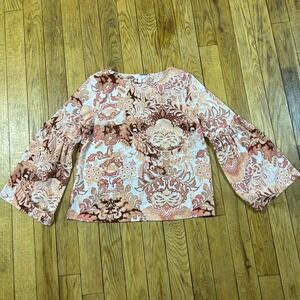 Lauren Conrad Bell Sleeve Floral‎ Print Boho Blouse Top Peach Brown White L